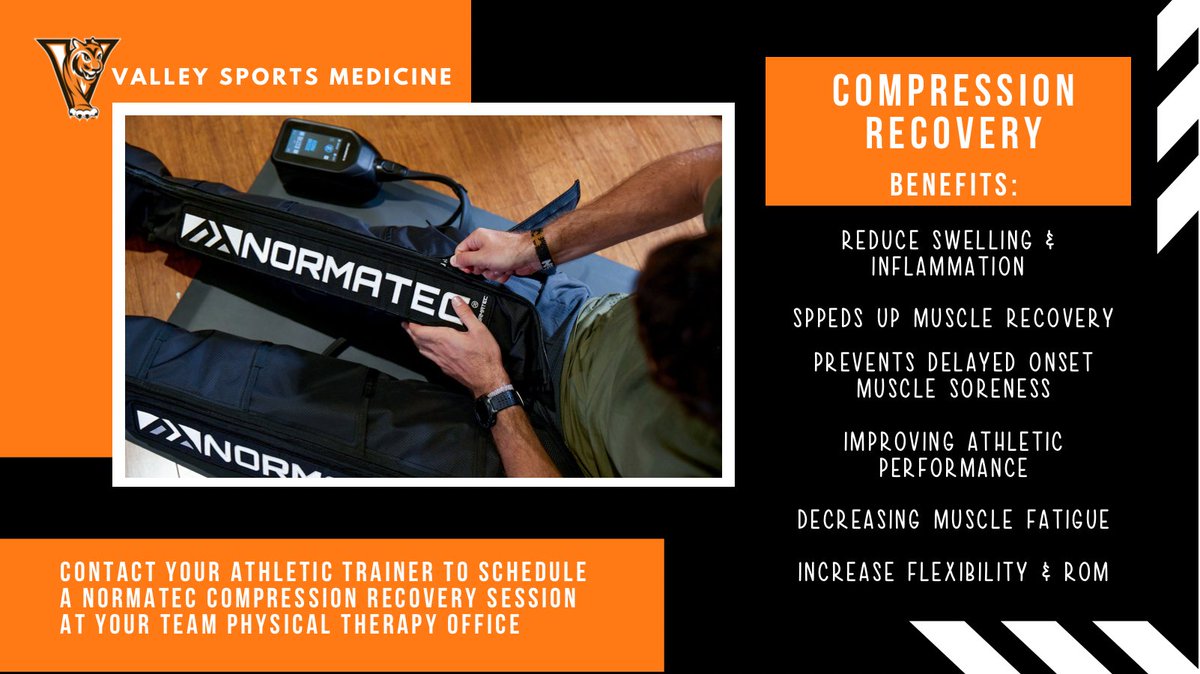 VSW_SportsMed's tweet photo. Compression Recovery is a service available for our Tiger Athletes! 🐅The technology uses air pressure/massage to relieve muscle soreness! Check out more benefits of the compression boots ⬇️Ask your Athletic Trainer how to set up a session at our @select_pt clinic! 🖤🧡 #recovery https://t.co/HsAaDJ0uDa