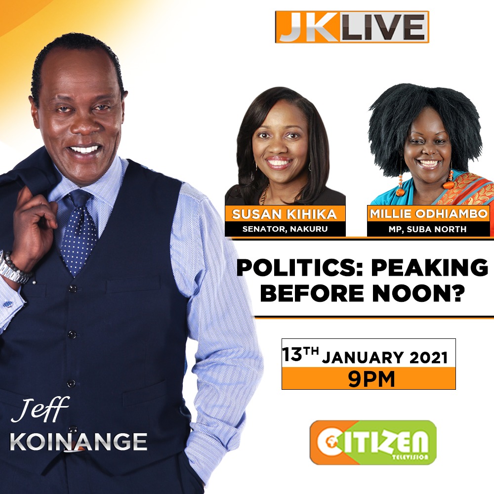 Politics: Peaking before noon?

Views from 'outside and within'. Tonight, <a href="/KoinangeJeff/">Jeff Koinange, MBS</a>  hosts Nakuru Senator Susan Kihika and Suba North MP Millie Odhiambo on #JKLive from 9pm. Stay tuned!