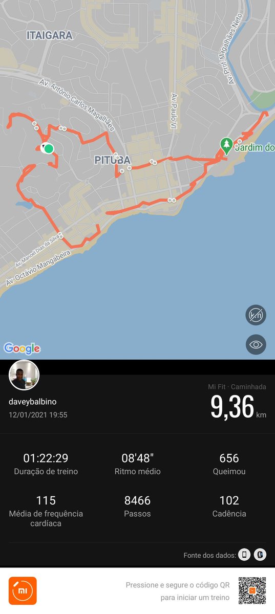 Segundo dia, 12/01/21, mudamos o roteiro, porém aumentamos o ritmo da caminhada. 9.3KM e mais calorias queimadas.