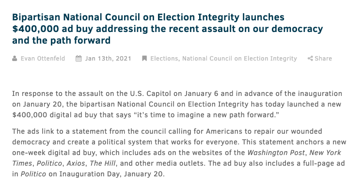 IssueOneReform's tweet photo. NEW: Bipartisan National Council on Election Integrity launches $400,000 ad buy addressing the recent assault on our democracy and the path forward

Learn more: https://t.co/pdeEJVORXo https://t.co/HAUJoV0XDv