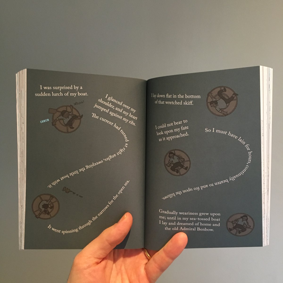 There's design action too – a daring near-black spread, when young Jim's makeshift boat is sent spinning across the waves and an edgy turn-around spread to make space for a very tall tree