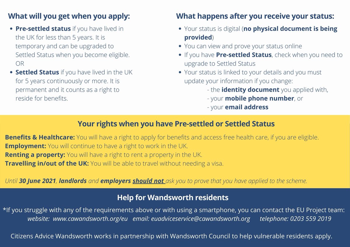 📢EU Project News 

Today we launch our new #EUSettlementScheme leaflet developed in partnership with @wandbc
 It provides information on:

✅ eligibility, deadlines & how to apply
✅ aftercare & your rights
✅ help for Wandsworth residents

Please RT/share/download/print