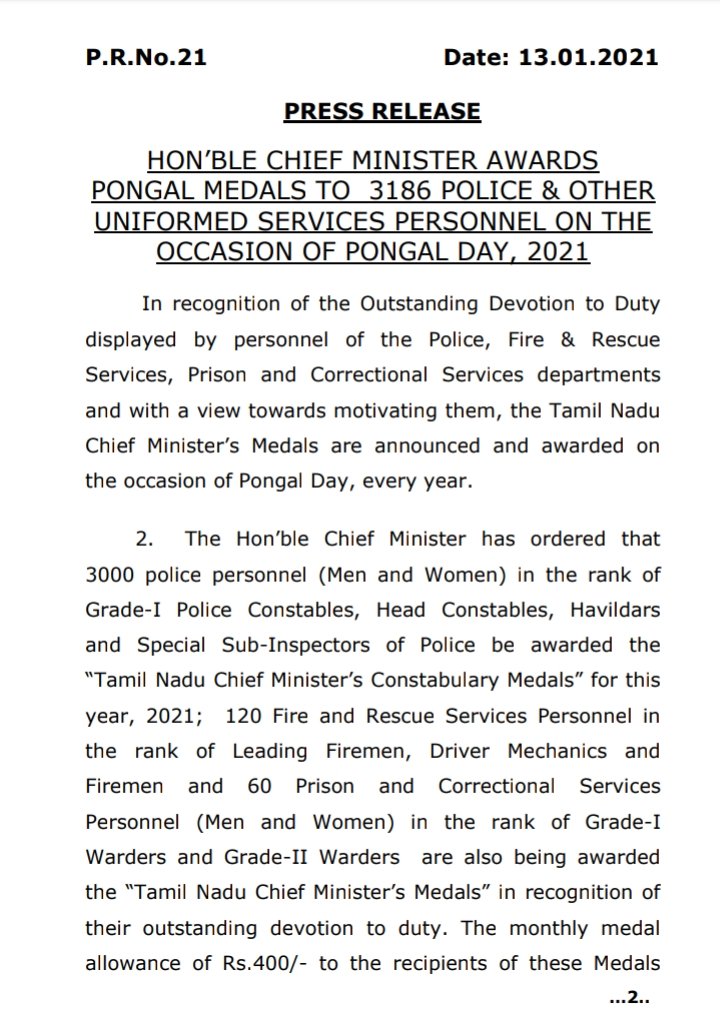 Dennis S. Jesudasan (@DennisJesudasan) on Twitter photo 13/01/2021 15:21:43 Tamil Nadu government announced awards and Pongal medals for over 3,000 police personnel Tamil Nadu government announced awards and Pongal medals for over 3,000 police personnel