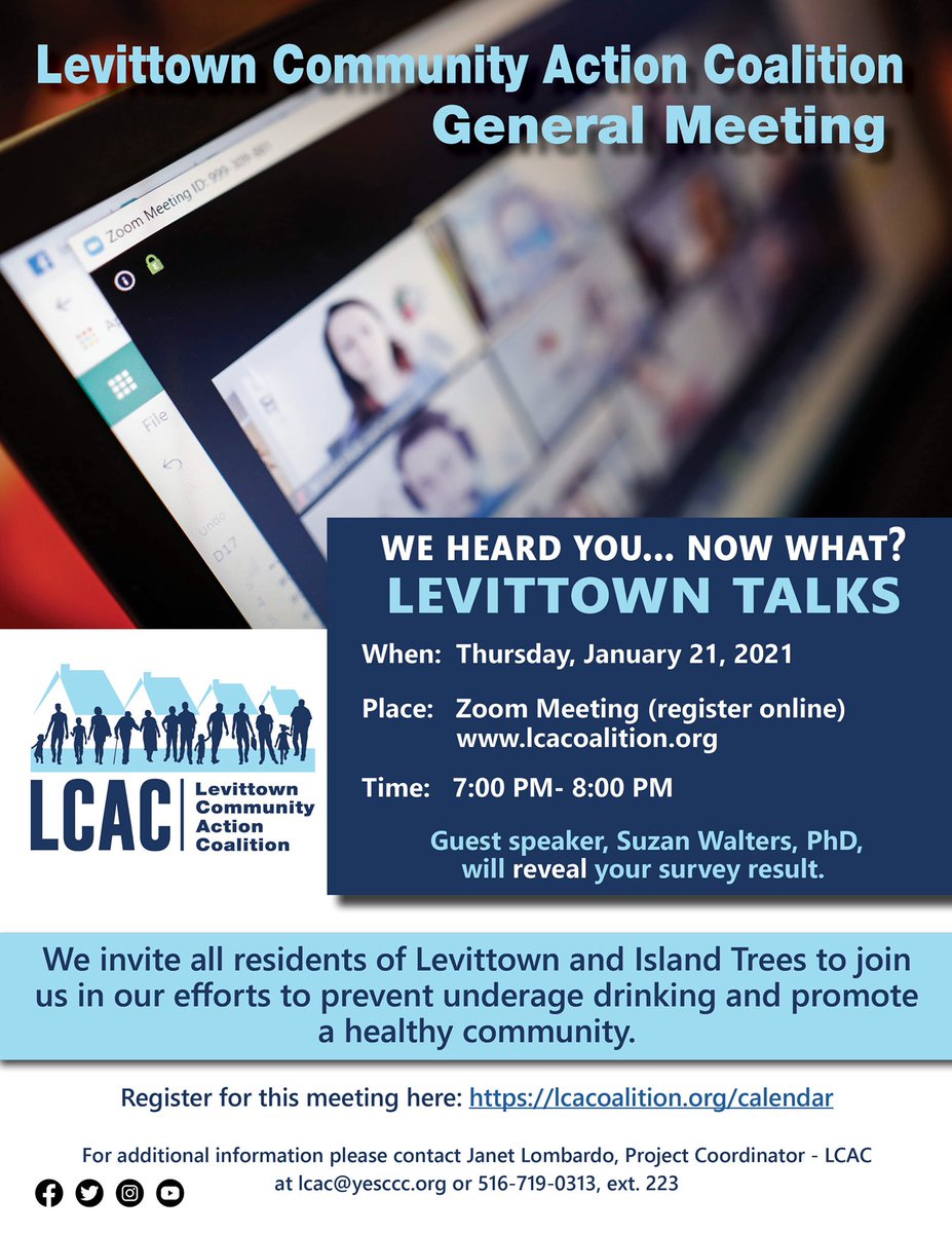 ActionLevittown's tweet photo. LCAC invites you to join us on Thursday, January 21st from 7-8 for our general meeting via Zoom. Guest speaker Suzan Walters, PhD, will share results from our recent community survey. Go to https://t.co/0HzuWWj8uq to register! https://t.co/s76Qp7Jc78