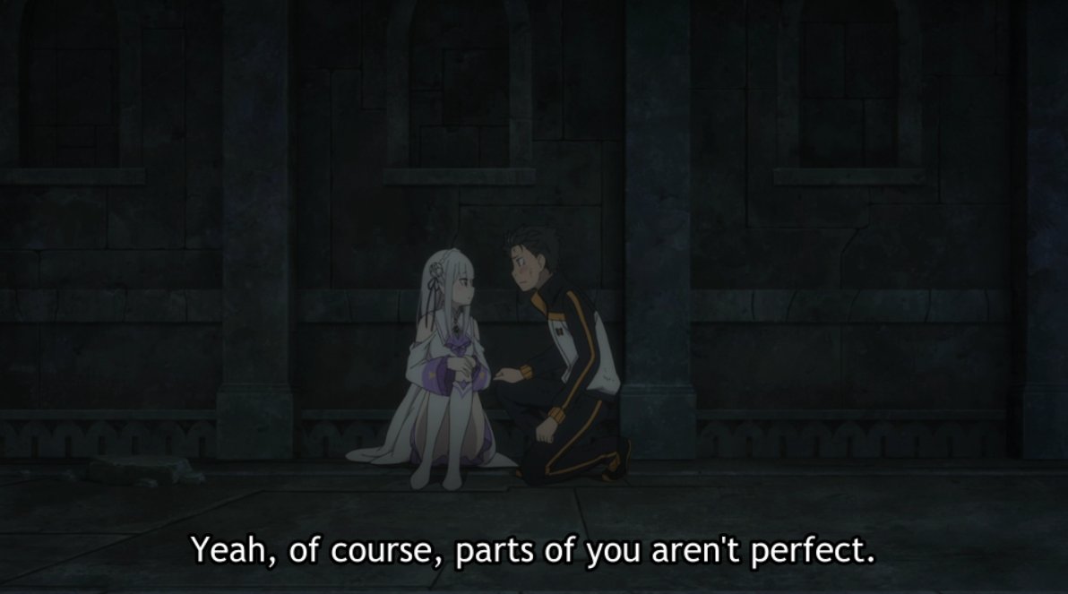 Take note of Subaru's words here — his growth is notable, and this conversation feels like a continuation of their quarrel in Episode 13, in a way.Subaru accepts all of her weaknesses & offers to walk by her side, without doing everything for her (like by taking the Trials).