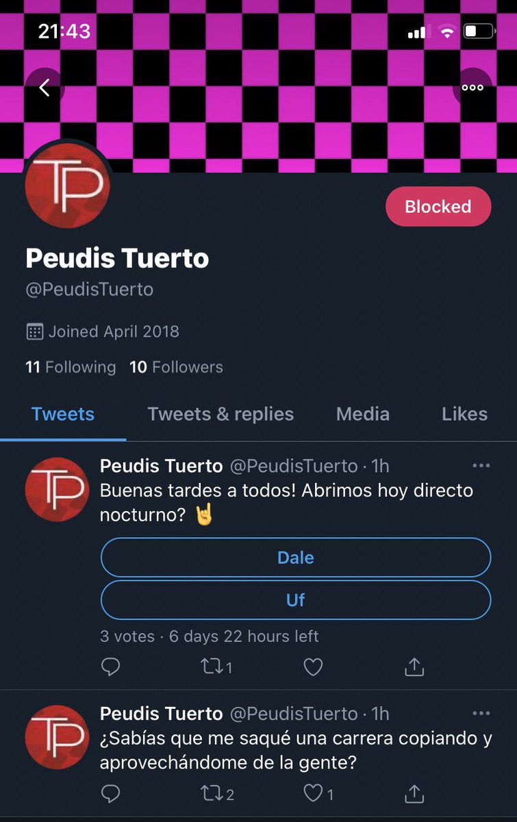 Hola chicos... siento tener que escribir esto, pero hay una serie de gente con quien compartí clase en la carrera que se han creado una cuenta en Twitter con mi nombre y destrozando mi imagen como profesional... os pediría por favor que denunciaseis y difundieseis este Tweet.