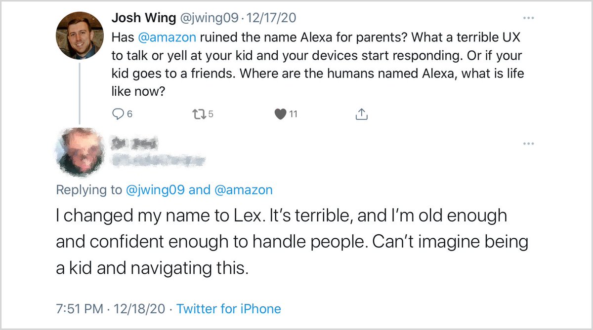 AfterAlexa's tweet photo. People named Alexa aren't flattered that their name was chosen for the wake word that's screamed by millions of @Alexa99 users worldwide. They want to use their own name without triggering #AI devices, or jokes, annoyance, &amp; disbelief from its users.

This outcome isn't ethical. https://t.co/gaHBfGLX3K
