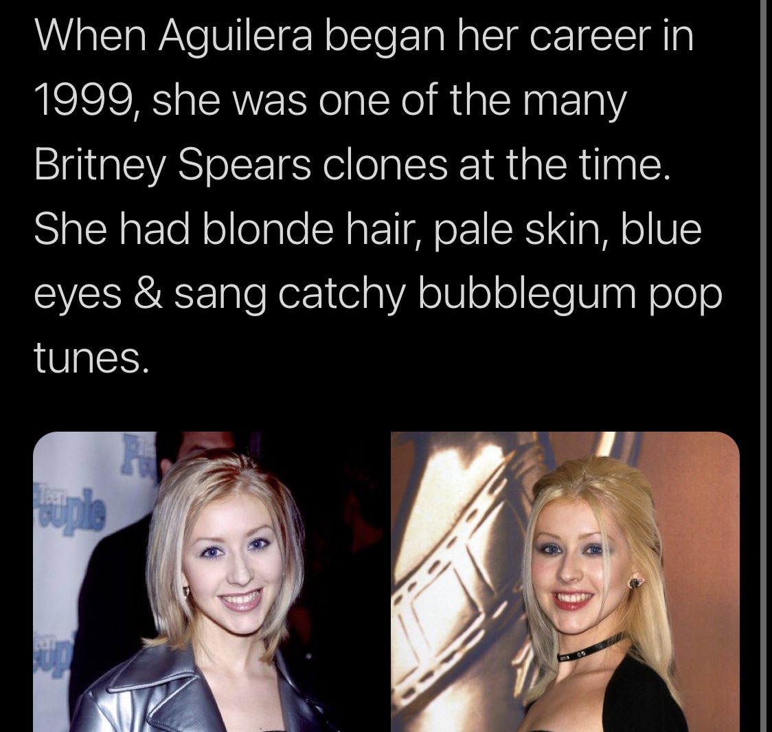 now this user claims both Britney and Xtina were blonde as if Xtina copied her hair color lol but fails to mention Christina is the only natural blonde, Britney started as her natural brunette self. Xtina is the only one with blue eyes next to their peers Jessica and Mandy.