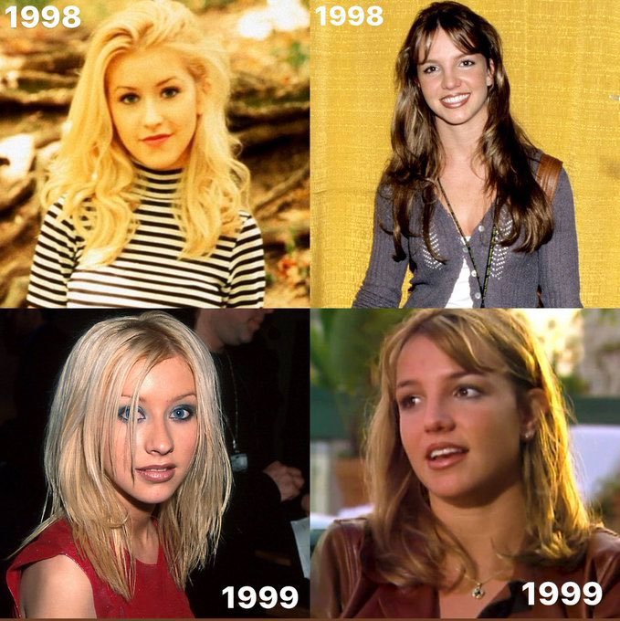 now this user claims both Britney and Xtina were blonde as if Xtina copied her hair color lol but fails to mention Christina is the only natural blonde, Britney started as her natural brunette self. Xtina is the only one with blue eyes next to their peers Jessica and Mandy.