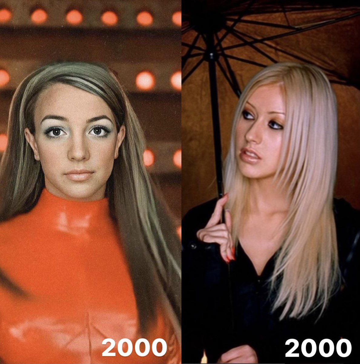 now this user claims both Britney and Xtina were blonde as if Xtina copied her hair color lol but fails to mention Christina is the only natural blonde, Britney started as her natural brunette self. Xtina is the only one with blue eyes next to their peers Jessica and Mandy.