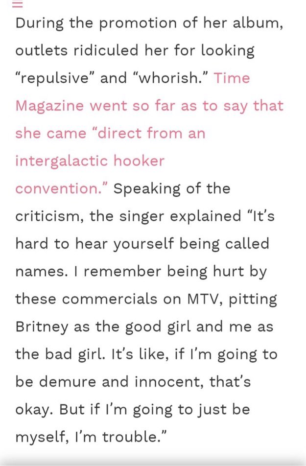 4. mainstream media loves to categorize women into two different groups. The good girl and the bad girl, early on her career Christina was always vilified as the bad girl.