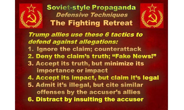 If you're having trouble following the plays in all of the Republicans' gaslighting, this short list of major propaganda techniques may help. They're pounding as hard as they can on all of them to distract.But none of them refute the allegations or excuse Trump's crimes.4/