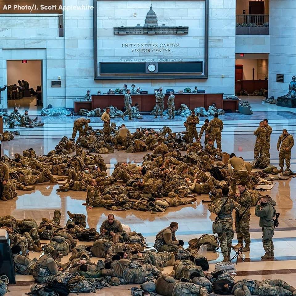 _SJPeace_'s tweet photo. This was the scene in DC last night of exhausted troops sleeping on the cold marble floors of the Capitol to protect it from home grown white domestic terrorists.....

Not from Mexicans, not from Muslims, FROM WHITE PEOPLE!

But y’all swear you love your troops 😒 https://t.co/dKYuzLt0us