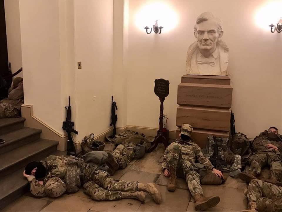 _SJPeace_'s tweet photo. This was the scene in DC last night of exhausted troops sleeping on the cold marble floors of the Capitol to protect it from home grown white domestic terrorists.....

Not from Mexicans, not from Muslims, FROM WHITE PEOPLE!

But y’all swear you love your troops 😒 https://t.co/dKYuzLt0us