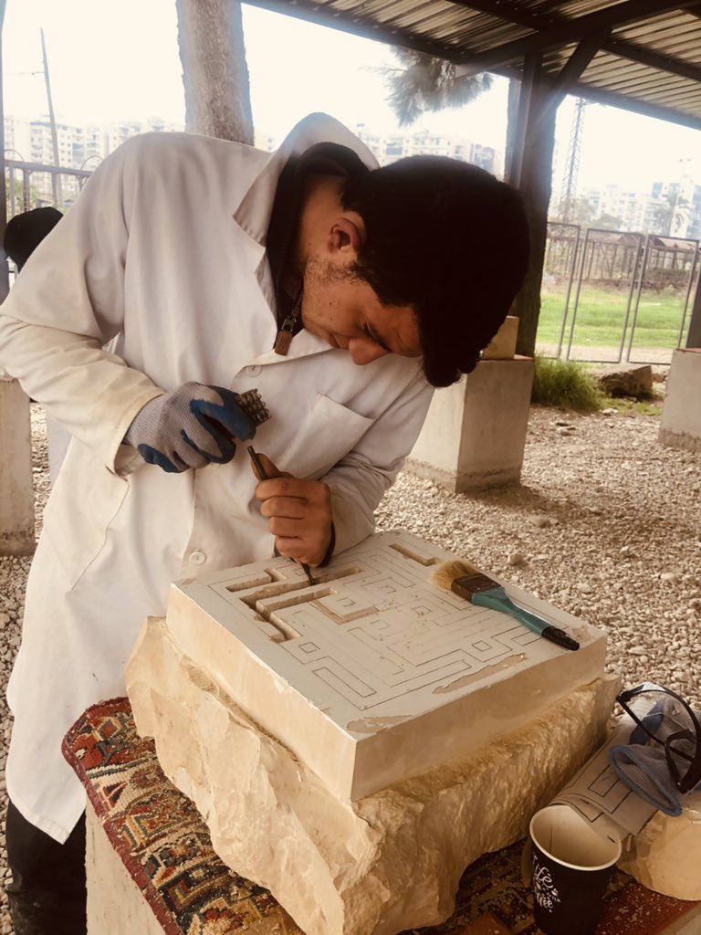 NajjarRayan's tweet photo. Stonemasonry&amp;Conservation training program in Tripoli,lebanon.

📍Lions Tower. 
Our student Adel Fayad realising the drawing&amp;carving of a set of 3 pieces of islamic calligraphy Art that indicates the name of ‘Allah’&amp;prophet Mohamad 
@WorldMonuments @DCMS @DCMSArts #stonemasonry https://t.co/TKPbpNusEh