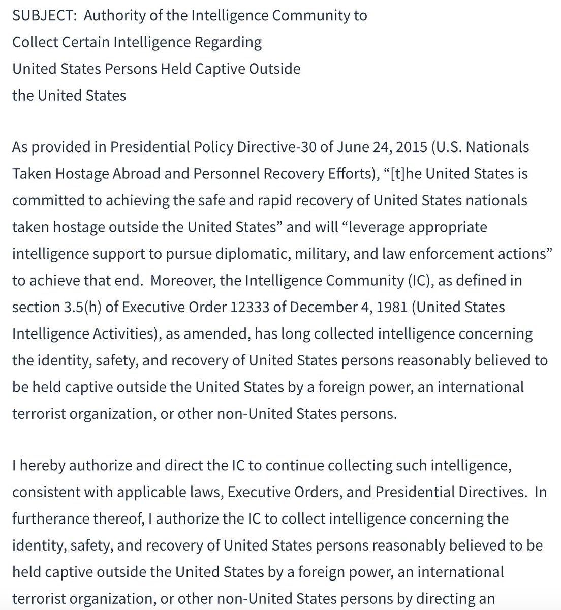 Minor mystery solved: In Sept, out of the blue, Trump issued a directive “clarifying” that the NSA could hunt for coms of Americans being held hostage abroad. Turns out that was bc in finalizing this, DOJ worried that this longstanding practice lacked explicit authorization./10