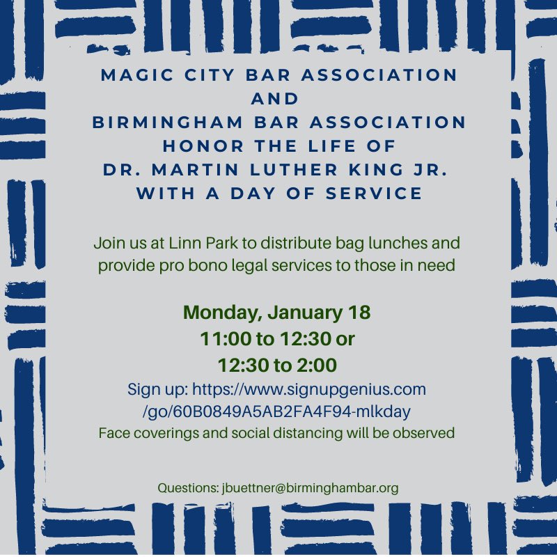 2 opportunities to serve the community on #mlkday. Email jbuettner@birminghambar.org if you want to sign up! <a href="/magiccitybar/">Magic City Bar Ass.</a> <a href="/Birmingham_Bar/">Birmingham Bar Association</a>
