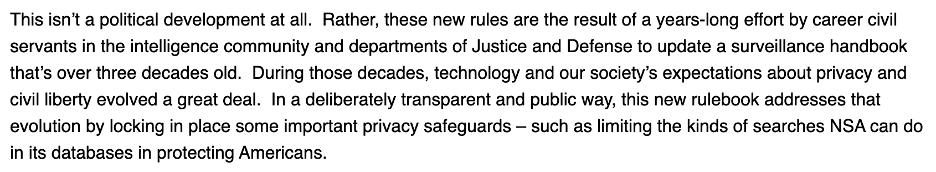 However, as I understand it, this update is not Trumpy. It is something civil servants have been working on since the Obama admin and that just ran into a lot of delays. Here is what Glenn Gerstell, who was the NSA’s general counsel until recently, emailed me: /9