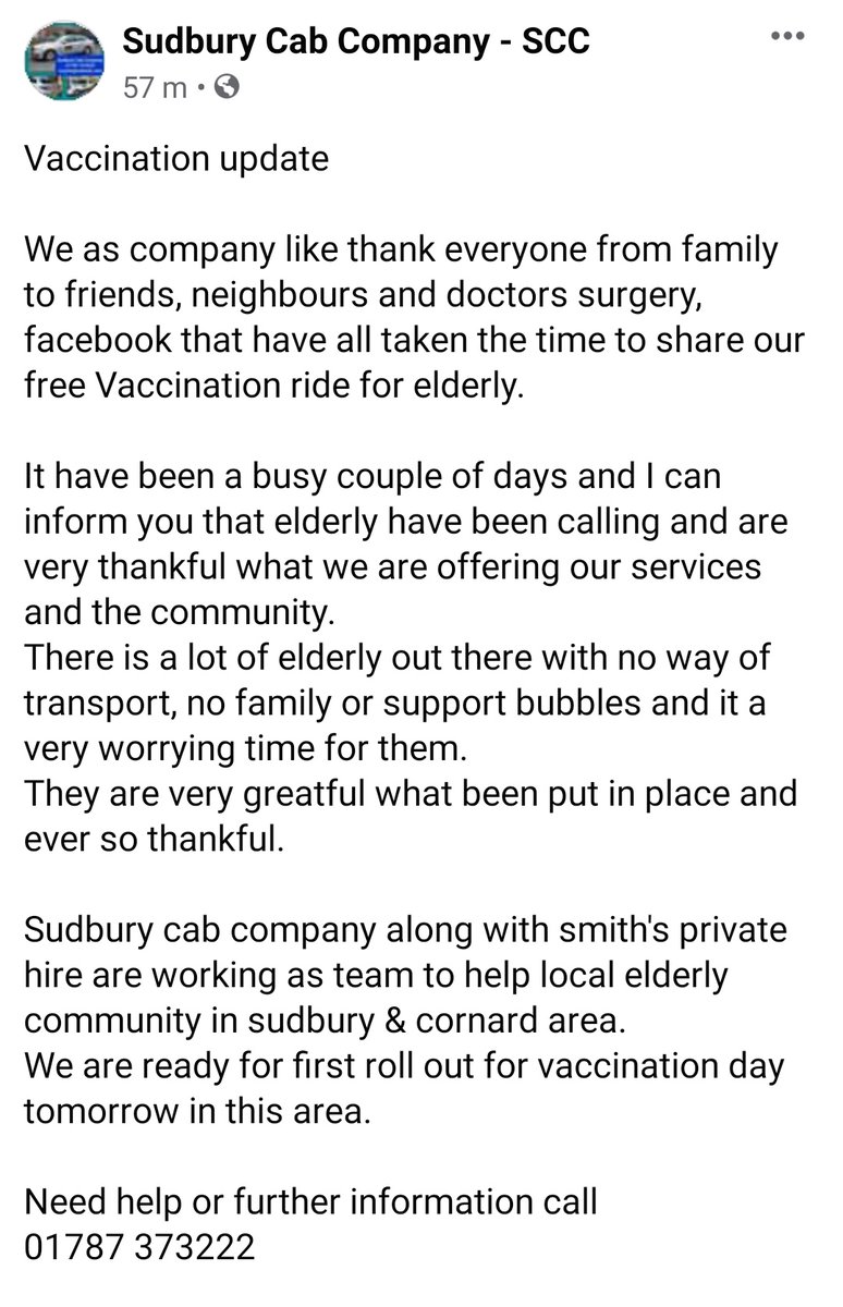 Great to see <a href="/CabSudbury/">Sudbury Cab Company(SCC)</a>'s offer of transport assistance being used to get vaccines done, with drivers assisting from tomorrow. A real community effort 💙

@SteveDunnCEO @NHSWSCCG <a href="/beckhelen1/">Helen Beck 💙</a>