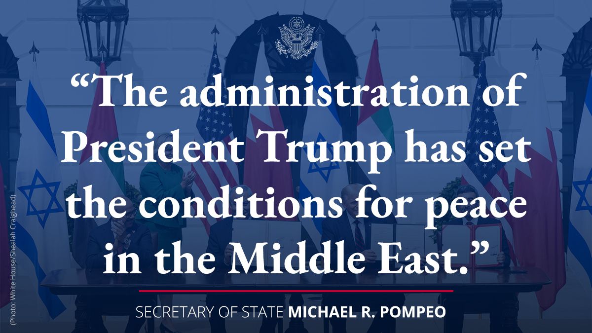 SecPompeo's tweet image. No Administration has done more to bring lasting peace to the Middle East than that of President Trump.