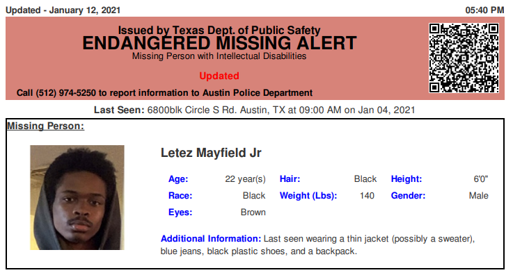 TX_Alerts's tweet photo. ENDANGERED MISSING ALERT CONTINUES for Letez Mayfield Jr from Austin, Tx on 01/13/2021 https://t.co/eSRth9Z8VB