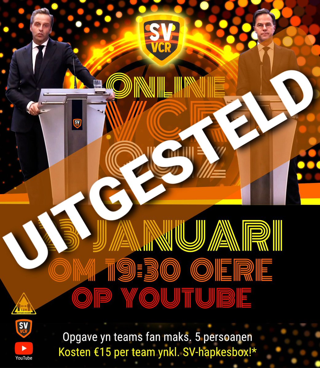 sv_vcr's tweet photo. UITGESTELD: Het betreurt ons ontzettend jullie te moeten mededelen dat de jaarlijkse SV Quiz op zaterdag 23 januari wordt uitgesteld.

Nieuwe datum wordt z.s.m. bekend gemaakt! 

#staysafe 🧡🖤 https://t.co/MTwjerv7tm