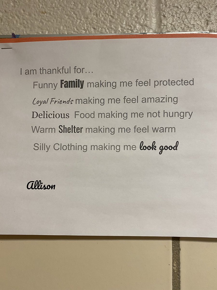 brendadrakepio's tweet photo. Student responses to what they are thankful for. An excellent perspective shift!  Friends, family, food, shelter, safety. 

#schoolpr https://t.co/Fod5pZ5AYd