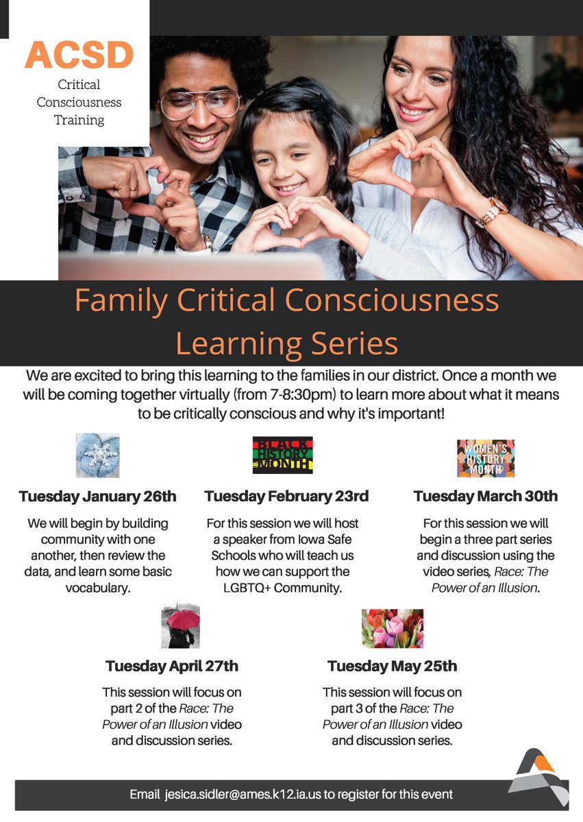 ACSD_News's tweet photo. We are excited to bring our Critical Consciousness training to our community through a family learning series. Once a month we will come together virtually to learn more about what it means to be critically conscious. Register for the 1st event: email jesica.sidler@ames.k12.ia.us https://t.co/6cvtwDyDJ4