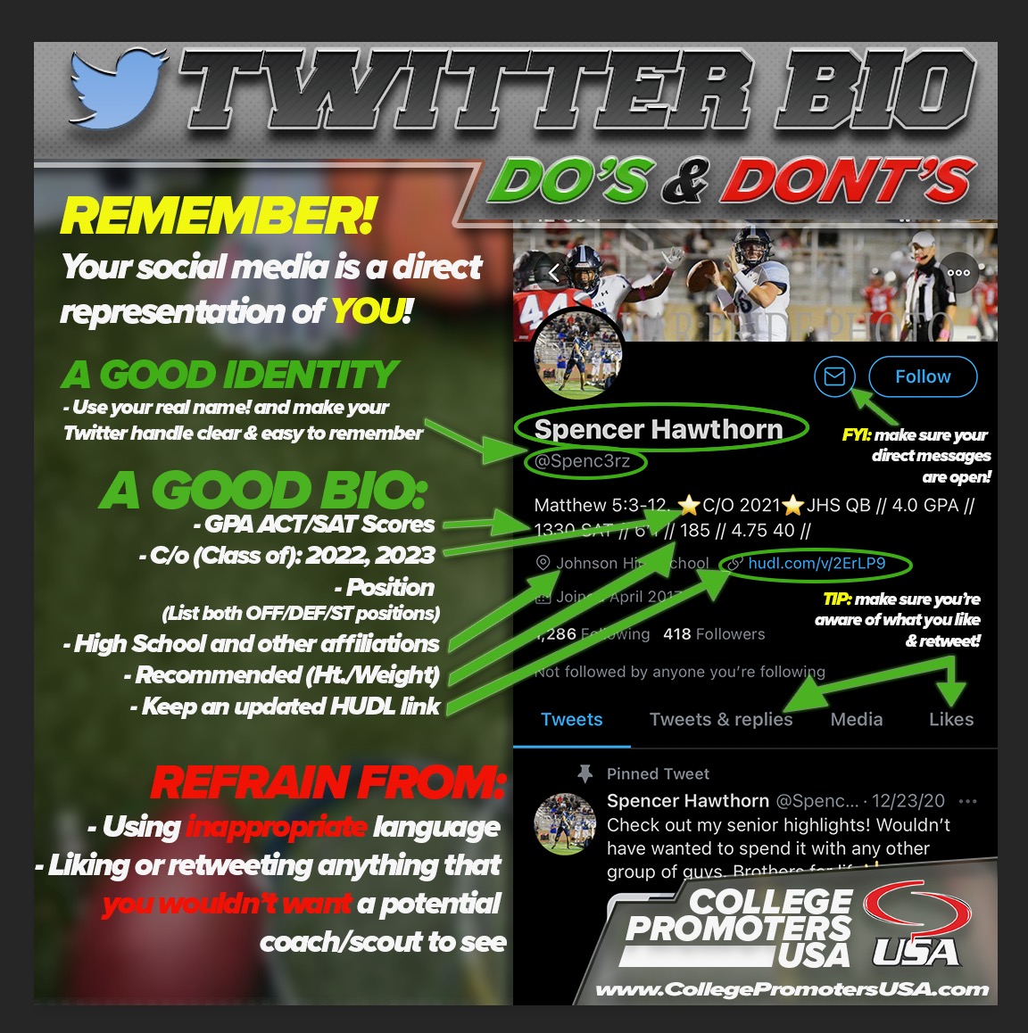 SATXrecruiting's tweet photo. 💡 Some #WednesdayWisdom for you recruits out there! 
👉 And this applies to ALL sports! 🏈🏀🏐⚽️⚾️ 

📋 While football is still most popular, coaches in ALL sports are engaging social media to recruit more &amp; more!

📊 Your Twitter bio is CRUCIAL!
🤔 BE SMART &amp; MAXIMIZE yourself! https://t.co/3TBmROtCFs
