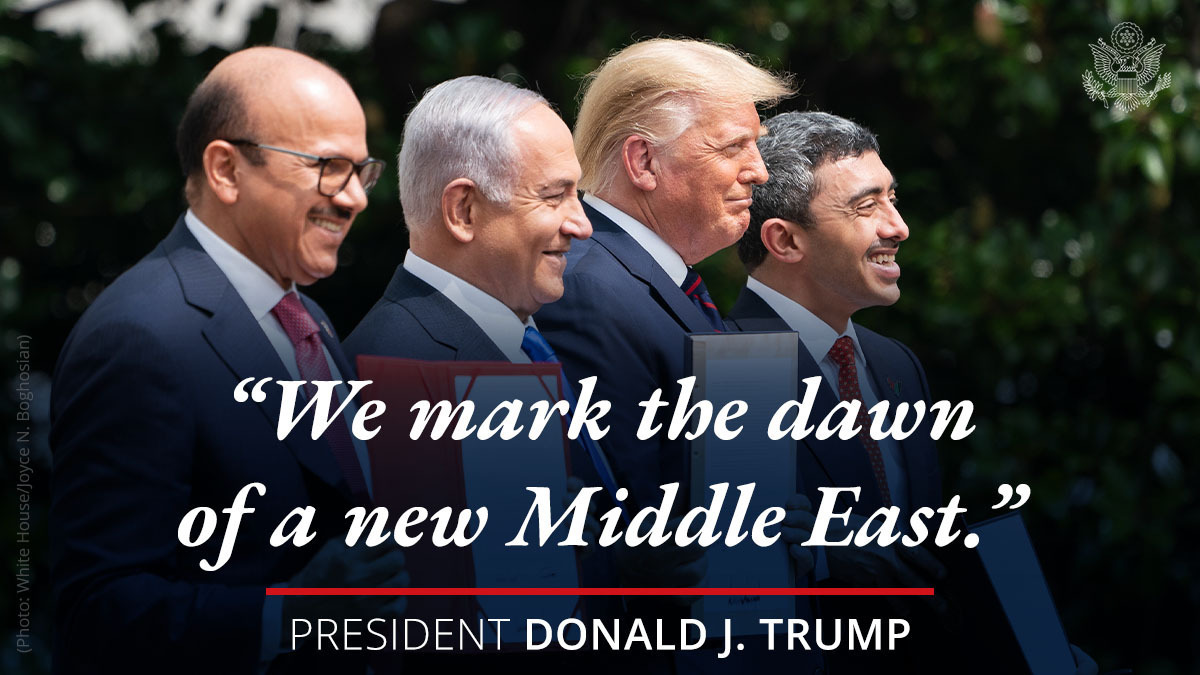 SecPompeo's tweet photo. The recipe for Middle East peace is clear. Support friends and true partners, confront enemies, reject appeasement, aid those in need. Make room for peace under America's protective umbrella. #LeadingFromTheFront https://t.co/C77n9e2nVN