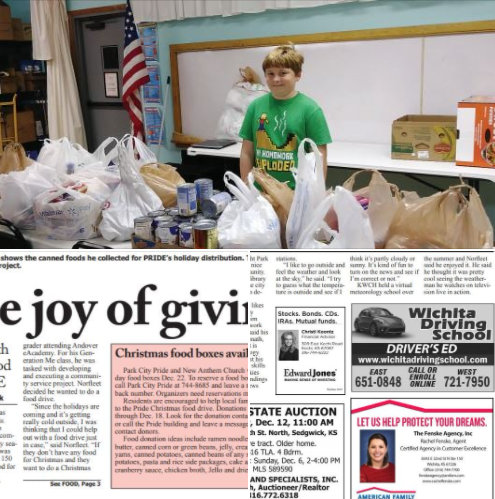Andover_eCademy's tweet photo. Generation Me students in 6th and 7th grade worked on various Community Service projects this semester. Keelin Norfleet collected nearly 150 pounds of canned food for Park City PRIDE and was recognized for his good deeds in the Park City Post. Way to go Keelin. #ecademyeagles https://t.co/bHu4zdyWDX