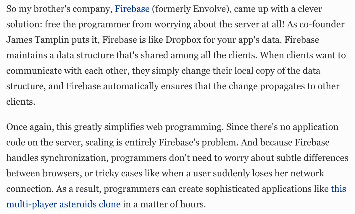 So in late 2011, they pivoted again! Building Envolve taught Andrew a lot about how to build scalable real-time services. He used that knowledge to create a real-time database product called Firebase. I wrote about it in April 2012.  https://www.forbes.com/sites/timothylee/2012/04/13/why-firebase-matters/