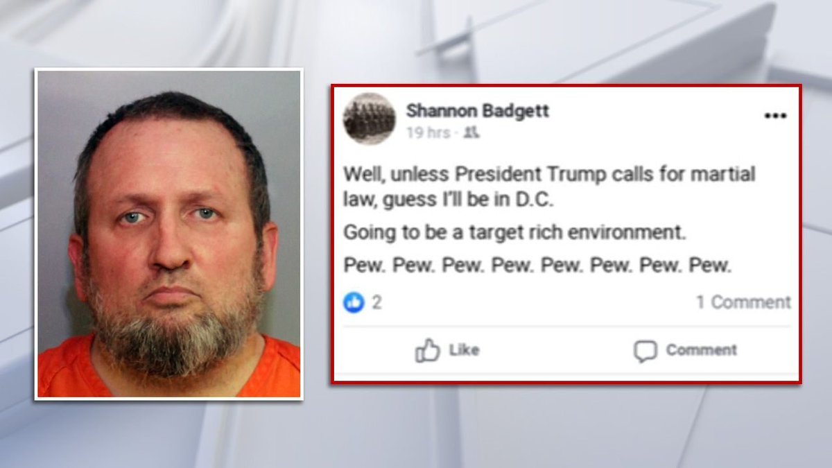 ARRESTED: Shannon Badgett, 53, former Ohio police officer is charged with communicating a written threat to conduct a MASS SHOOTING or ACT OF TERRORISM. The threats made via Facebook were reported by one of Badgett’s Facebook contacts.  https://www.13abc.com/2021/01/13/former-nw-ohio-police-officer-arrested-for-violent-threats-aimed-at-dc-capitol/