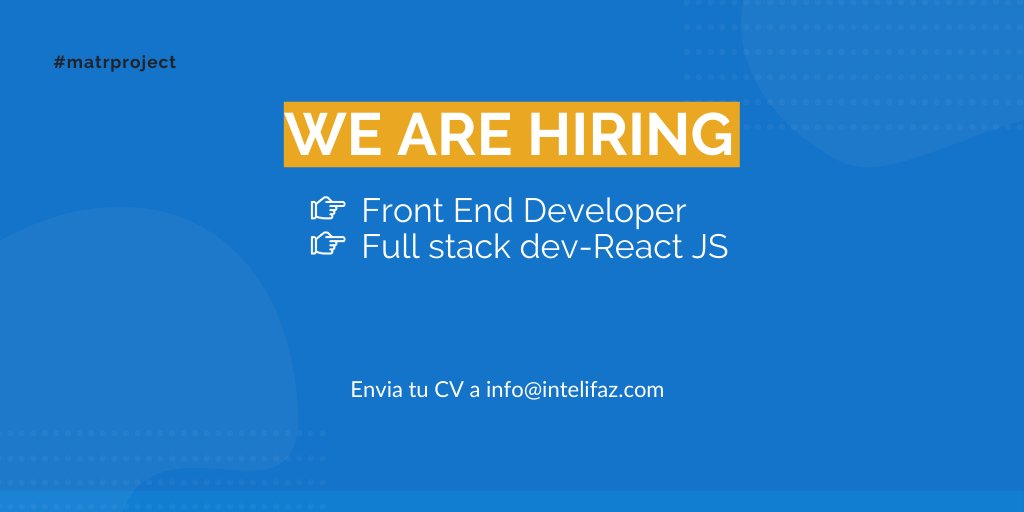 matrproject's tweet photo. 👨‍💻 Intelifaz is hiring 👩‍💻 ⁣⁣
⁣⁣
👉 FULL STACK DEV- REACT JS ⁣⁣
👉 Front End Developer with Angular experience⁣⁣
⁣⁣
¡No te pierdas esta oportunidad y postulate hoy mismo! Si estas interesado/a envía tu CV a info@intelifaz.com⁣⁣ https://t.co/bNaebFSHbw