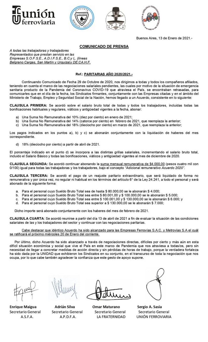 CATToficialok's tweet photo. #Paritarias Los cuatro gremios #ferroviarios acordaron aumentos salariales del período 2020/2021 para las empresas #SOFSE, #ADIFSE, #BCyL y #DECAHF https://t.co/W3FAZGISSc