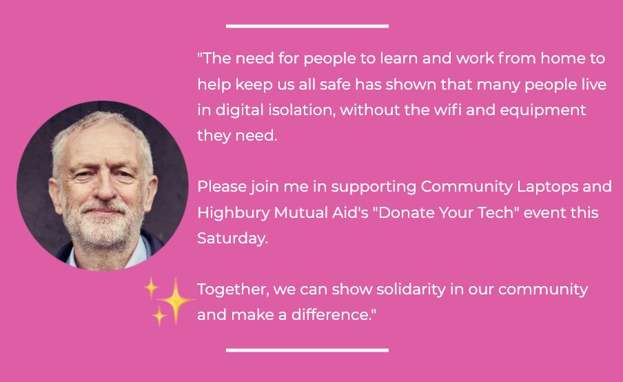 c_laptops's tweet photo. If you're in Highbury and have unused tech to donate, pop by our covid safe drop-off event on your daily walk/shop and donate (Sat 16th Jan)

If you aren't in Highbury but would like to help, get in touch or donate below ✨

📍https://t.co/U7cLtTzQA3
✊🏾https://t.co/gfmGckzxE3 https://t.co/aBQPxDfTbe