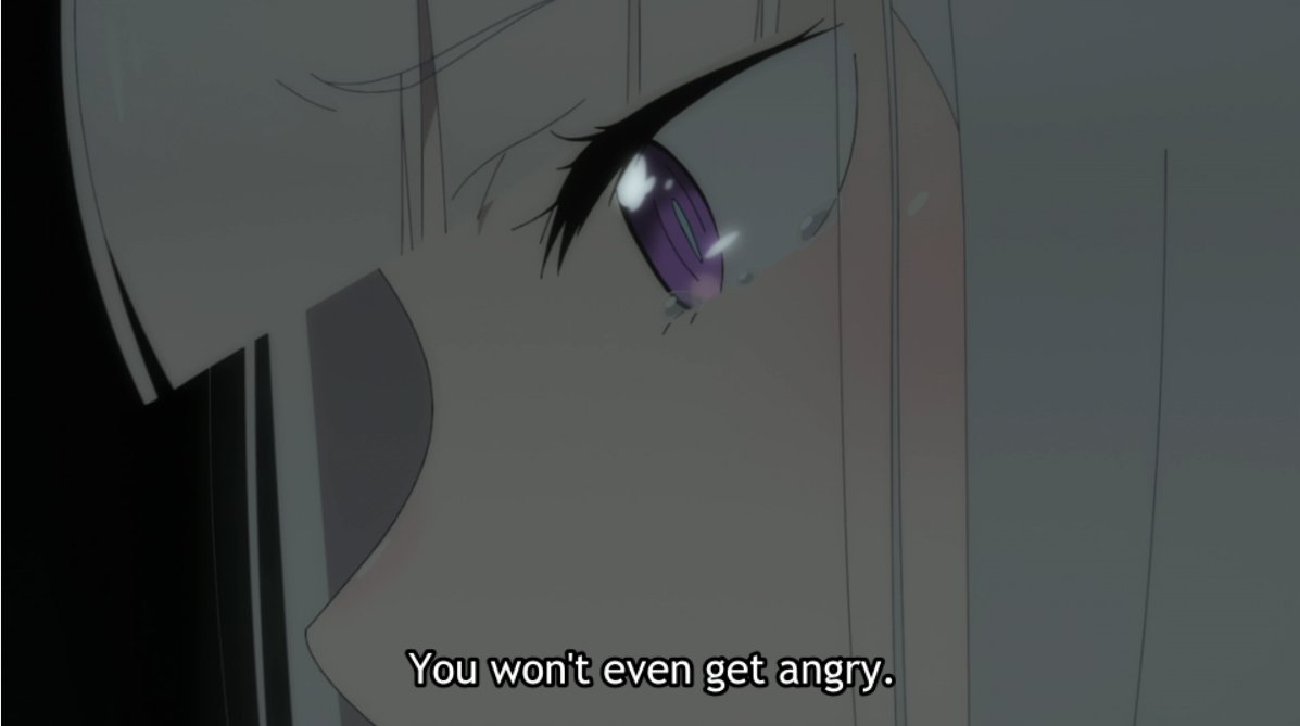 Her self-worth is in shambles, and the kindness & understanding shown to her by Subaru & Puck come off as unreasonable & scary.This scene, from this point on, is all about getting Subaru's feelings through, re-establishing a healthy communication, & not have her rely on anyone.