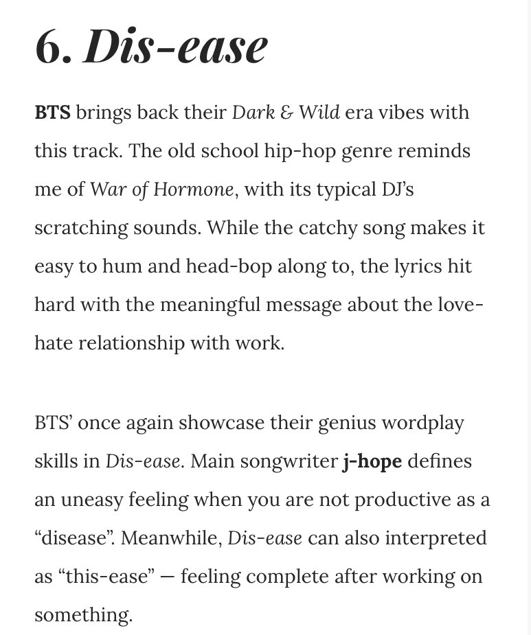 j-hope continued to have songwriting success in 2020 with his genius submission to BE, "Dis-ease", to which he is the main writer, and co-producer. The track was praised by music critics and added to multiple year-end "Best of" lists and critic's playlists. 5/7 #jhope  #제이홉