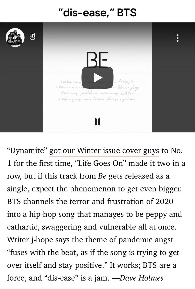j-hope continued to have songwriting success in 2020 with his genius submission to BE, "Dis-ease", to which he is the main writer, and co-producer. The track was praised by music critics and added to multiple year-end "Best of" lists and critic's playlists. 5/7 #jhope  #제이홉