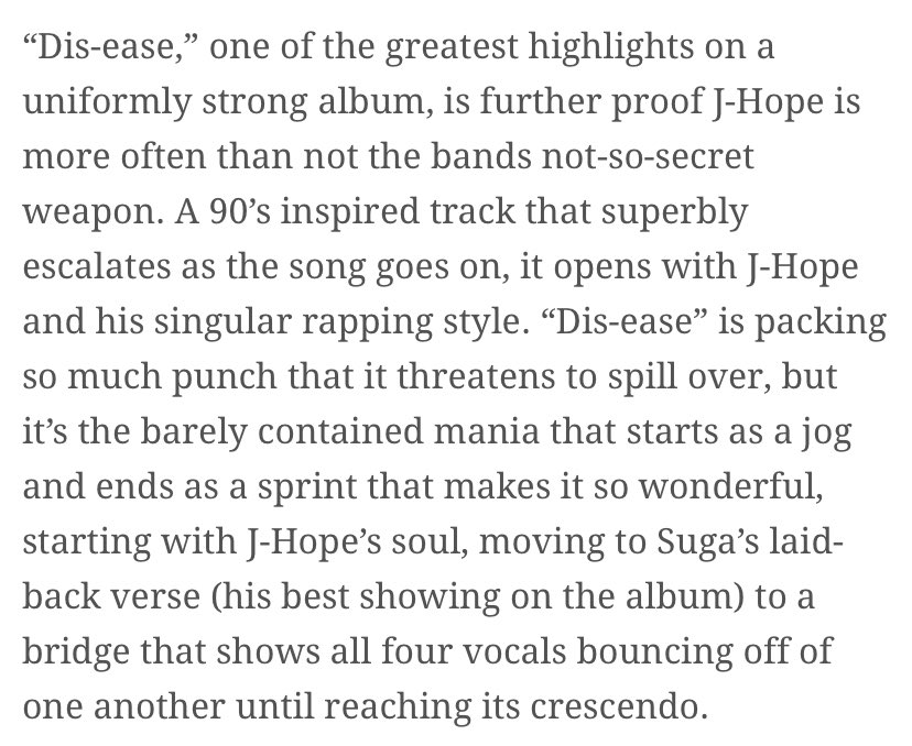 j-hope continued to have songwriting success in 2020 with his genius submission to BE, "Dis-ease", to which he is the main writer, and co-producer. The track was praised by music critics and added to multiple year-end "Best of" lists and critic's playlists. 5/7 #jhope  #제이홉