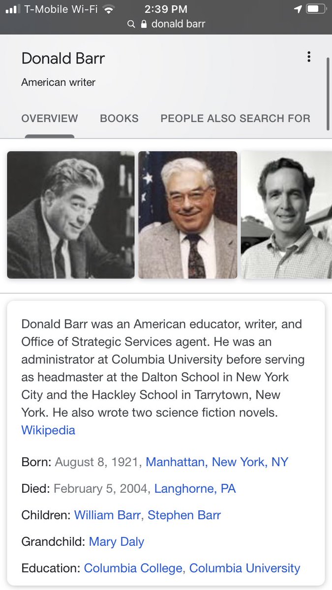 ParanormalPlayB's tweet photo. Where do we start? How about with Donald Barr? Father of Attorney General Bill Barr! Donald Barr hired Epstein as a teacher at the Dalton School without the credentials to be a Teacher. Also, Barr’s science fiction Novel parallels Epstein’s criminal acts. Strange coincidences. https://t.co/UBGQwSfQxD