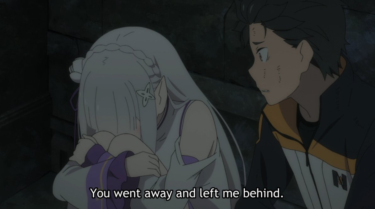 Now comes one of my favorite conversations in the series. Emilia, left alone by both Puck & Subaru against the memories slowly flooding her, isolates herself at the Tomb. She desperately wants to lean on someone (recall EP36), but has no one for it.