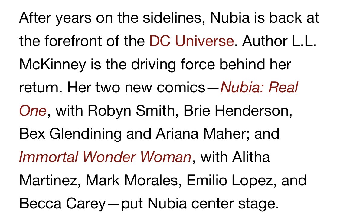 After years on the sidelines, Nubia is back at the forefront of the DC Universe. Author L.L. McKinney is the driving force behind her return. Her two new comics—Nubia: Real One, with Robyn Smith, Brie Henderson, Bex Glendining and Ariana Maher; and Immortal Wonder Woman, with Alitha Martinez, Mark Morales, Emilio Lopez, and Becca Carey—put Nubia center stage. Nerdist chatted with McKinney about her journey bringing Nubia to the page, the power of fiction, and superhero stories.