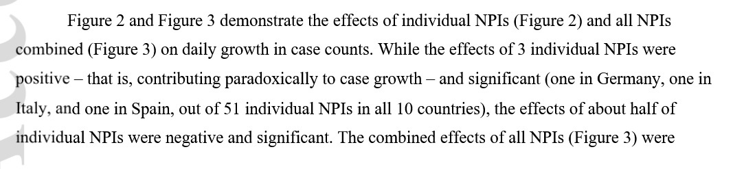 What they basically do is regressing case growth in Spring (terrible data) on a bunch of NPIs. Then they're puzzled bc their results indicate a positive "effect" of some NPIs on case growth. Well, that's not puzzling at all, that's because NPIs and case growth are endogenous!