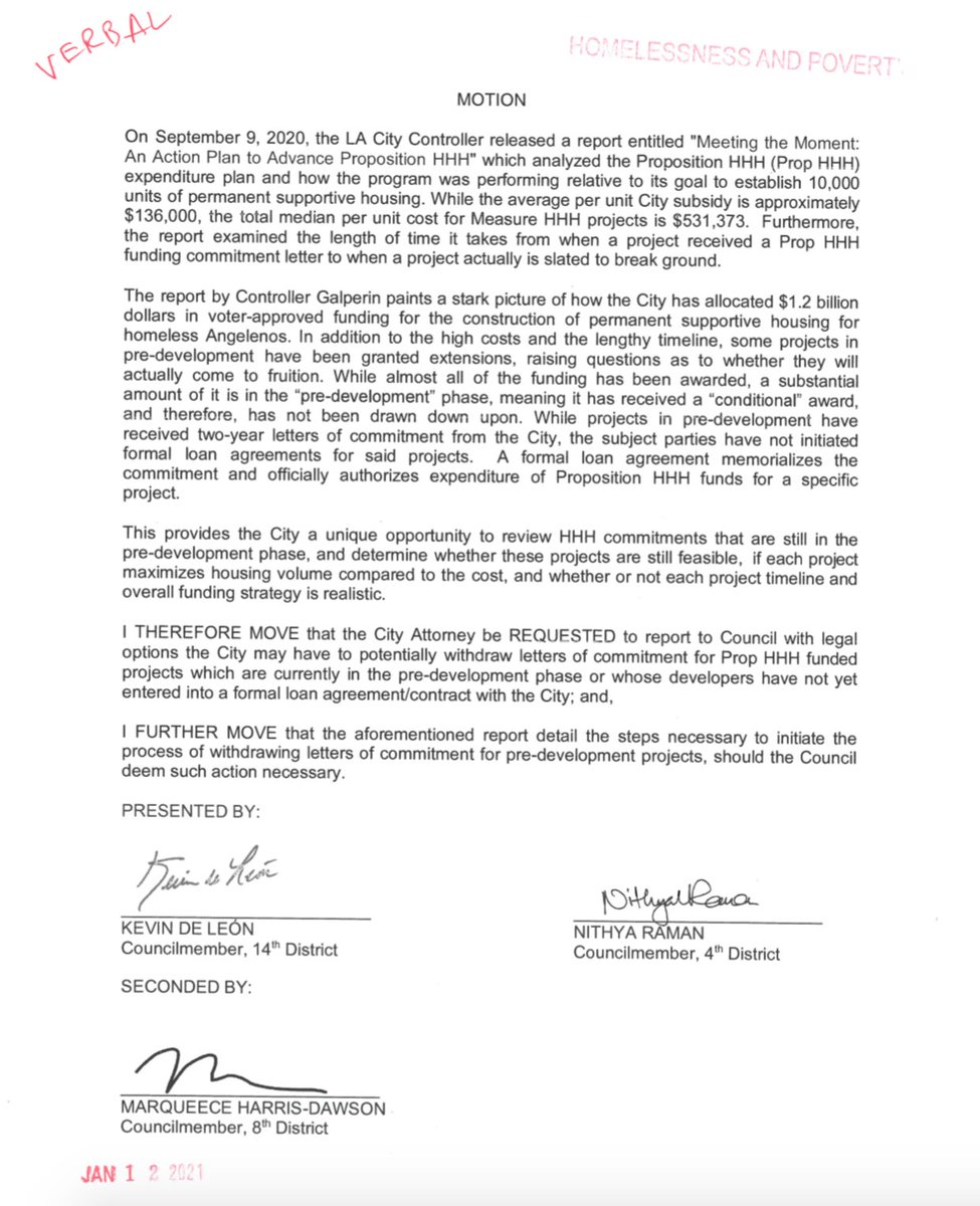 Yesterday I supported my colleagues on 3 motions in Council. Two evaluate HHH, the 2016 bond measure to build homeless housing. The third makes LA’s homeless encampment cleanups safer and more collaborative.City policies start with motions. But what happens next? (thread)