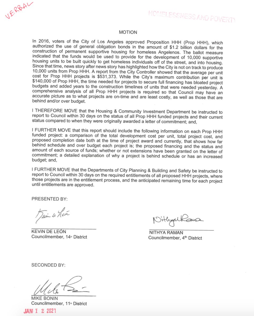 Yesterday I supported my colleagues on 3 motions in Council. Two evaluate HHH, the 2016 bond measure to build homeless housing. The third makes LA’s homeless encampment cleanups safer and more collaborative.City policies start with motions. But what happens next? (thread)