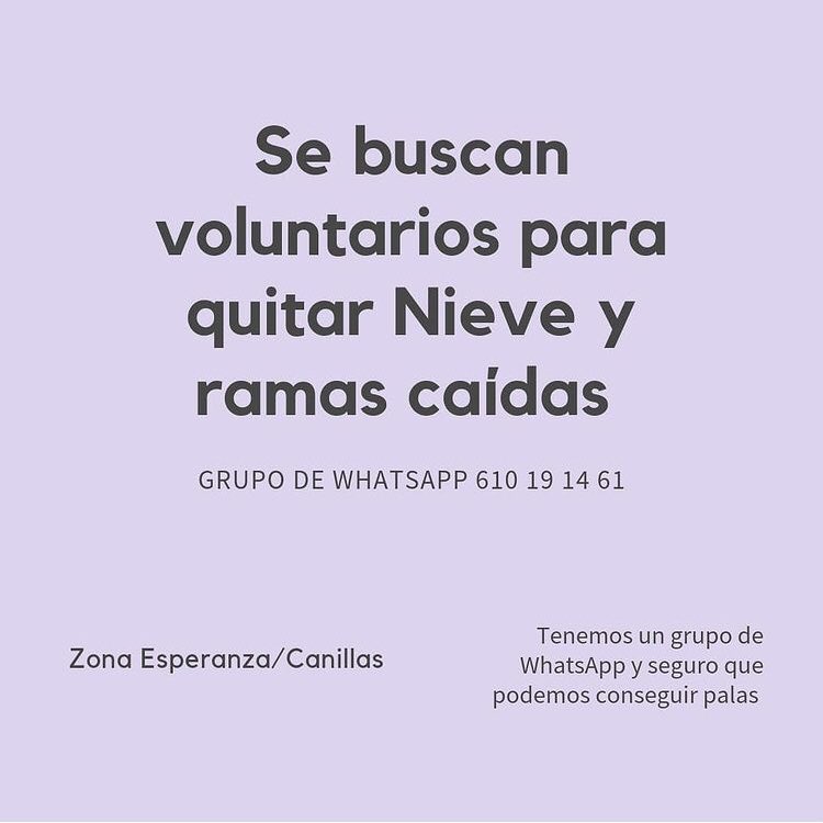 SoyestherL's tweet photo. Vecinos de #Canillas organizándose para limpiar la nieve @HortalezaPV ¿me ayudáis a difundir? 😉 https://t.co/VMaNe5aXXW