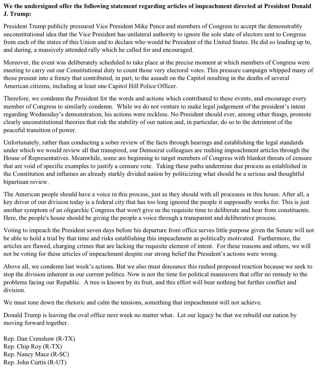 We can’t ignore the President’s behavior leading up to the violence in the Capitol last week. He bears enormous responsibility for it. But impeachment is not the answer. We all need to deescalate, lower the temperature, and move forward together as a country.

My statement: