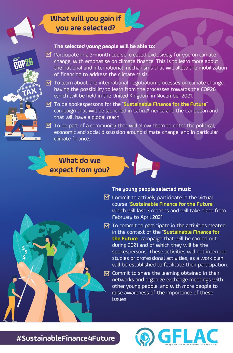 ⚠️We invite you to participate in the call that looks for young people from #LatinAmerica and the #Caribbean who are interested in addressing #ClimateChange and would like to be part of the #SustainableFinance4Future campaign🌎

📢Apply before January 14⬇️
forms.gle/kzPDcUt2kzN4qo…