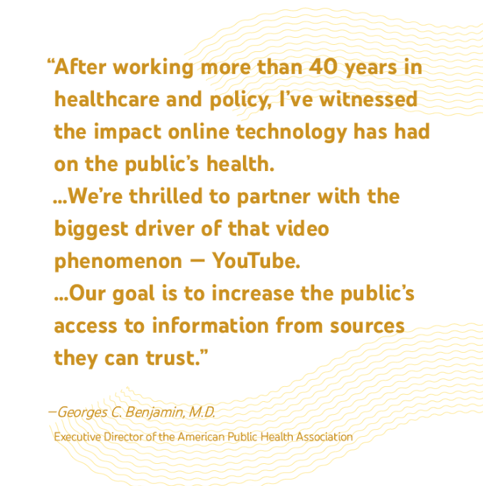 PublicHealth's tweet photo. APHA has joined with the National Academy of Medicine, Harvard School of Public Health and others to bring more credible, evidence-based health resources to @YouTube. Project director Garth Graham shares plans: https://t.co/HXIfT3hxg6 https://t.co/jFpUp0UZ01